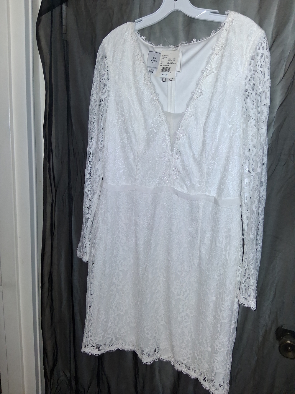 Lace V-Neck Long Sleeve Dress in White